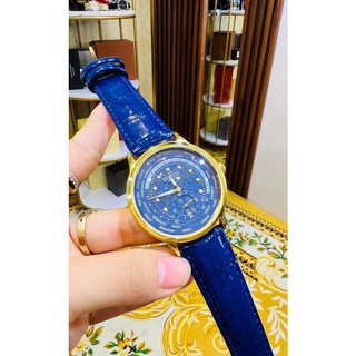 Đồng hồ omega star world dây da màu xanh chạy pin cho nam kiểu dáng độc lạ size 40mm