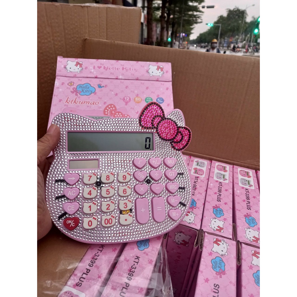 Máy tính cầm tay mèo Hello Kitty đính đá dễ thương dùng năng lượng mặt trời