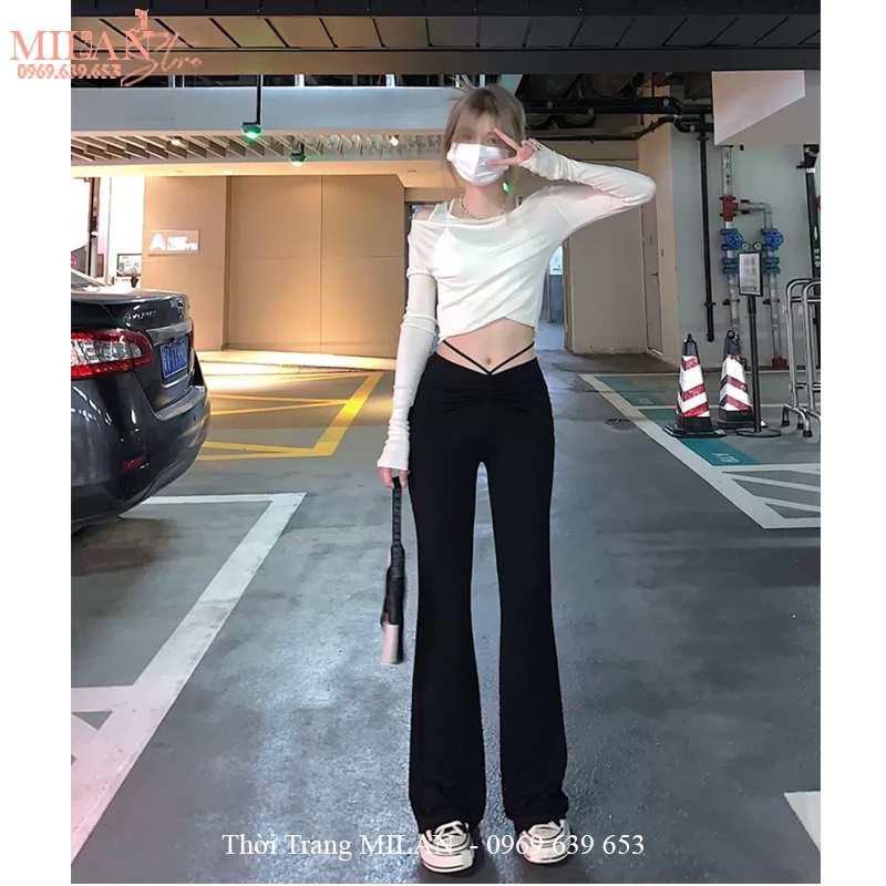 Quần ống loe nữ cạp lưng cao co giãn bigsize có dây eo dáng quần legging nữ ống loe rộng vải ôm body mặc công sở đi học