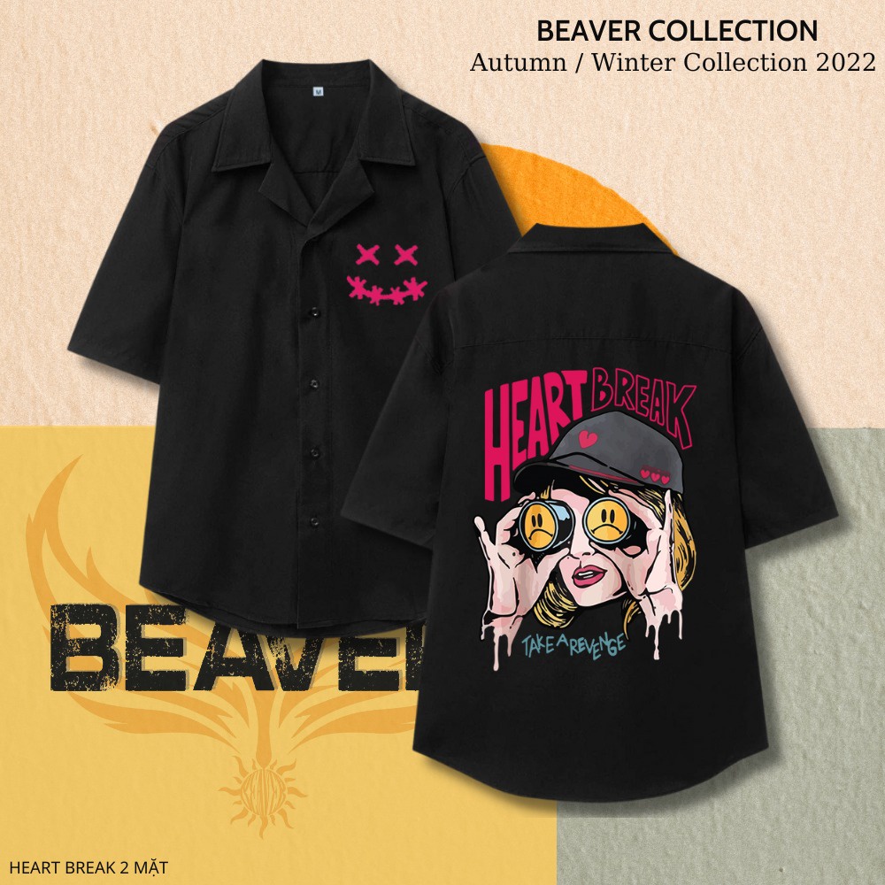 NHIỀU MẪU Áo Sơ Mi ĐEN Hoạ Tiết BEAVER Tay Ngắn Cổ Vest Thời Trang Unisex Vải Lụa Chéo