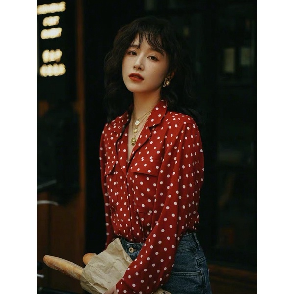 Áo Sơmi Đỏ Chấm Bi Retro Phong Cách Thập Niên 80 Diamondcloset Order