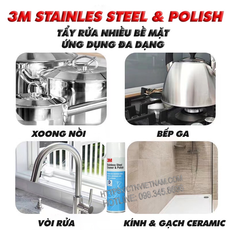 Tẩy cặn canxi, tẩy rửa nhà tắm, tẩy vòi inox, vách kính, bồn sứ, gạch men 3M Cleaner &amp; Polish