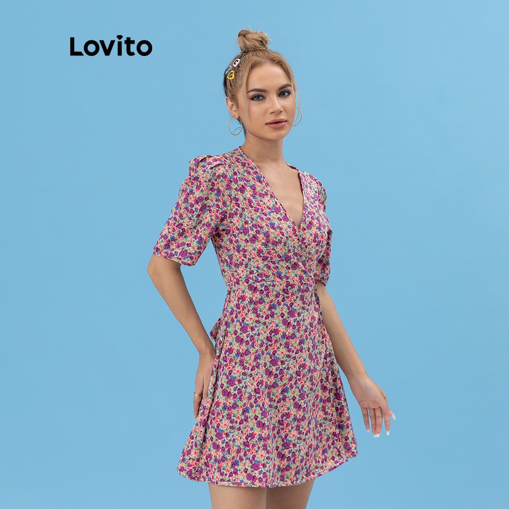  Đầm Lovito in hoa tay phồng dễ thương L06040 (màu tím) | BigBuy360 - bigbuy360.vn