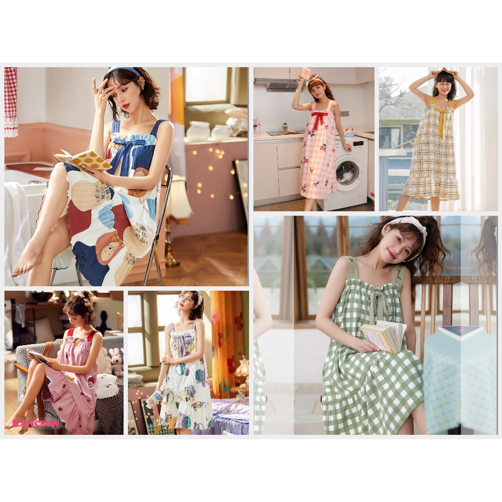 Váy ngủ nữ mùa hè mỏng cotton tăm dây treo lỏng lẻo 2021 bộ đồ ngủ mới mùa hè cotton dễ thương tại nhà