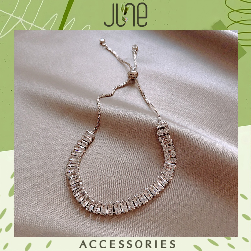 Lắc tay đính đá zircon chuỗi chữ nhật phong cách sang chảnh dây rút chỉnh kích thước thông minh June accessories