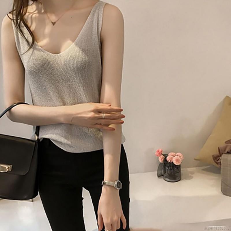 Áo Tank Top cổ chữ V dáng rộng đính kim sa lấp lánh cho nữ