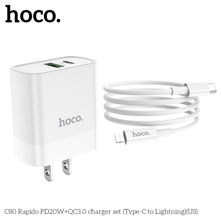 Bộ sạc nhanh 20W chĩnh hãng hoco 2 cổng sạc C80/C80A - Bảo hành 12 tháng