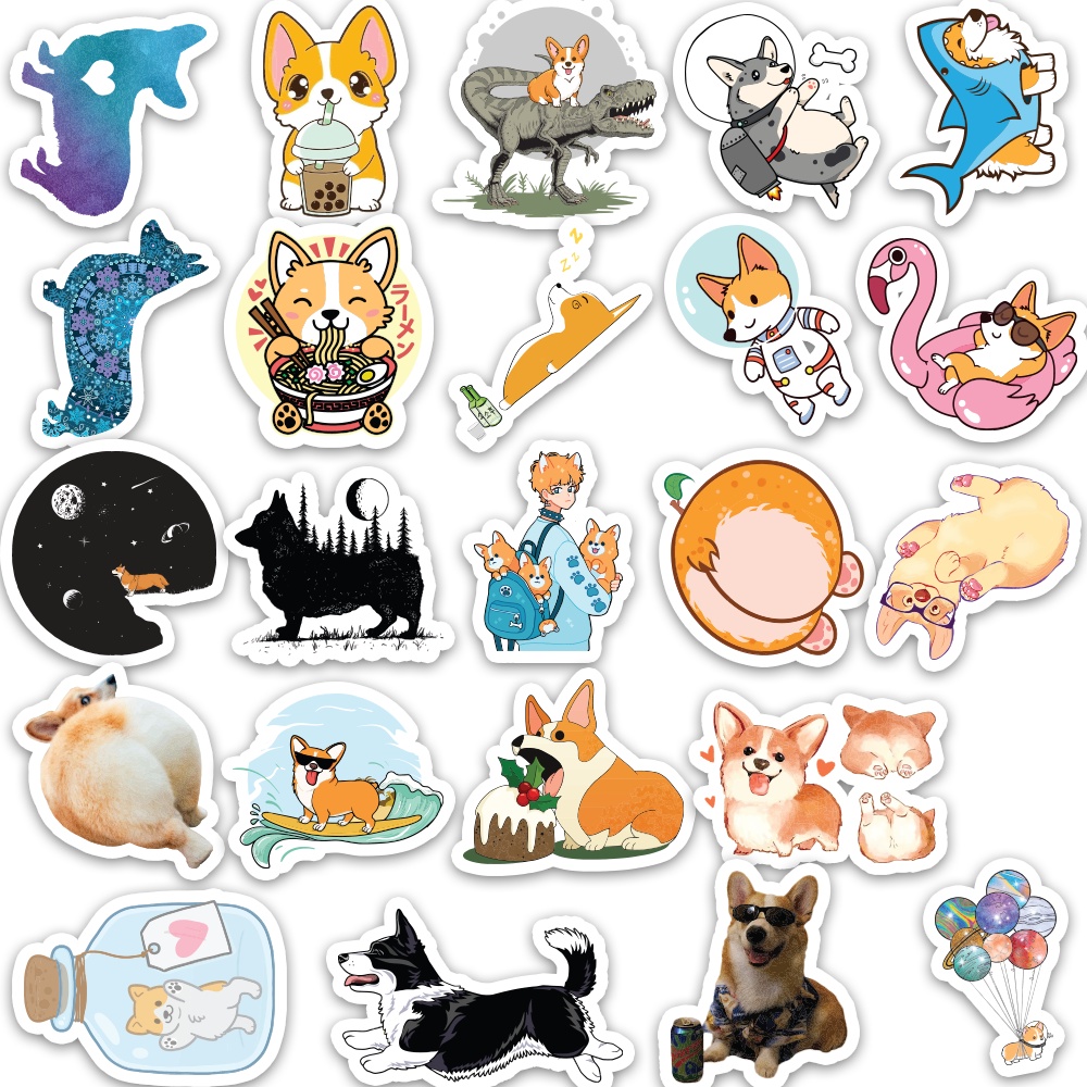 Set 50 cái Sticker Corgi dán mũ bảo hiểm, hình dán chó Corgi chống nước, decal hình Corgi trang trí vali, laptop, xe máy