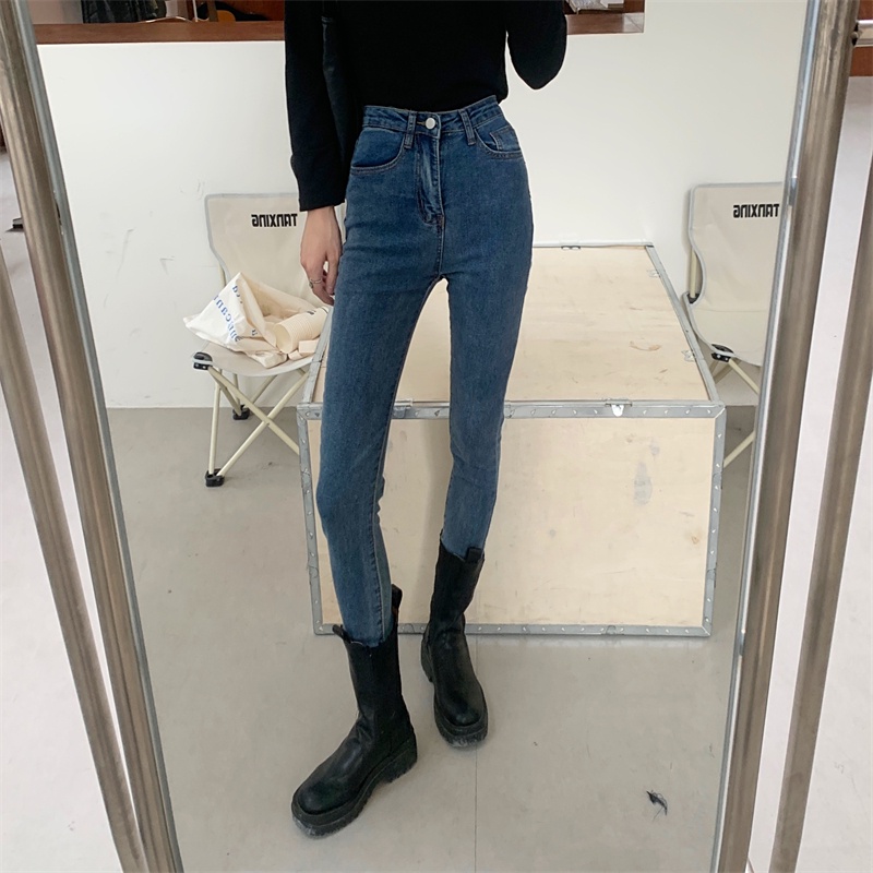 Xiaozhainv Quần jeans nữ lưng cao dáng ôm phong cách Hàn Quốc