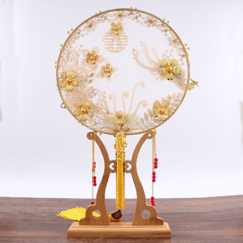 Quạt Cầm Tay Cô Dâu Màu Vàng Đỏ Phong Cách Vintage
