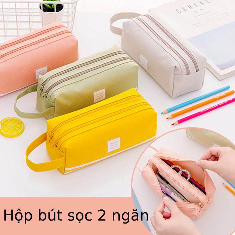 Hộp bút vải canvas 2 ngăn cute, bóp đựng viết nhiều ngăn cho học sinh kiểu hàn quốc