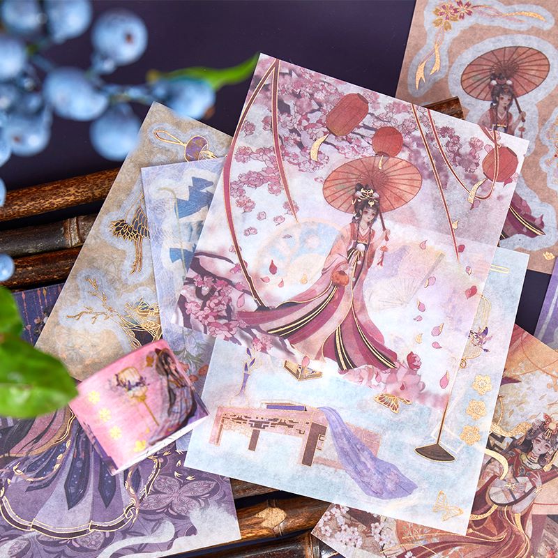 Bộ 10 cuộn washi tape cổ trang x 10 sticker - Lộc Minh Cửu Thiên