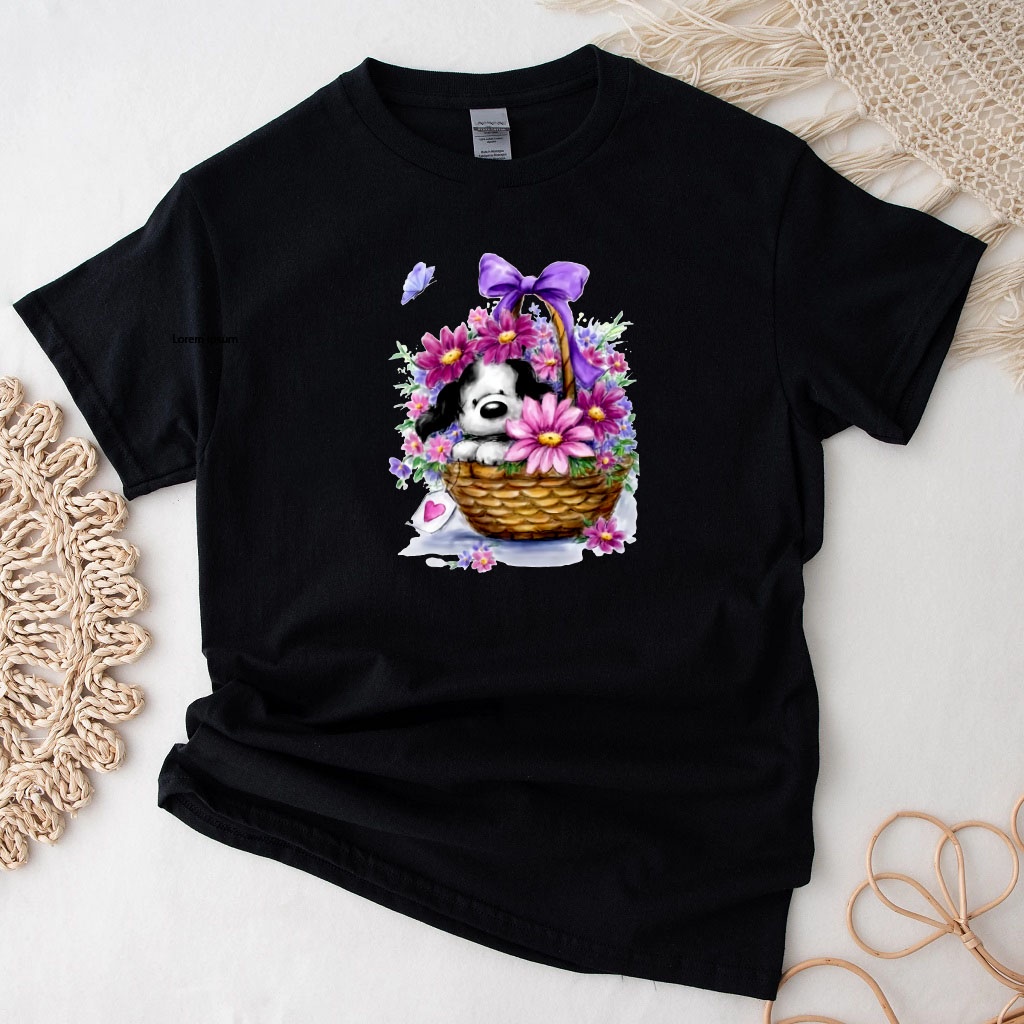Áo thun nữ in hình GIỎ HOA CÚN CỰC CUTE , áo phông basic thoáng mát chất cotton 100%-HI134