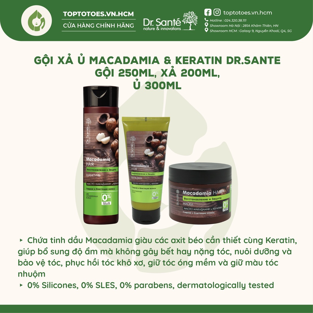 Gội xả ủ Dr.Sante Macadamia & Keratin dưỡng ẩm, phục hồi và bảo vệ tóc, giữ màu tóc nhuộm