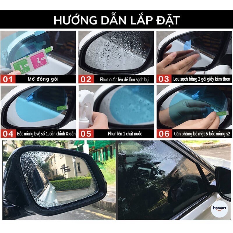 Bộ 4 miếng dán chống bám nước mưa, 2 miếng dán kính (200*175mm), 2 miếng dán gương chiếu hậu (145*100mm)