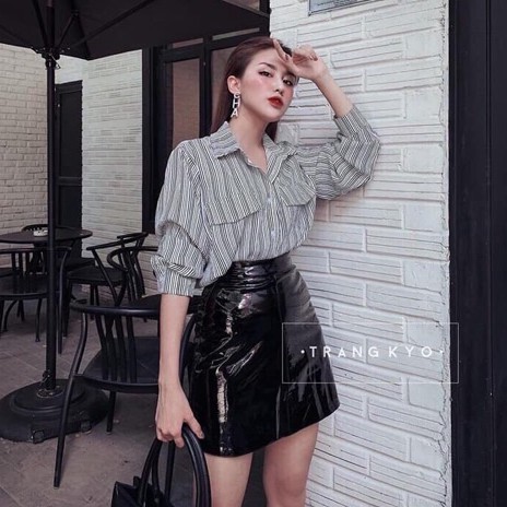 Chân váy da bóng cạp cao, Chân váy dáng A không xẻ CV1412 - NhiNhi Shop