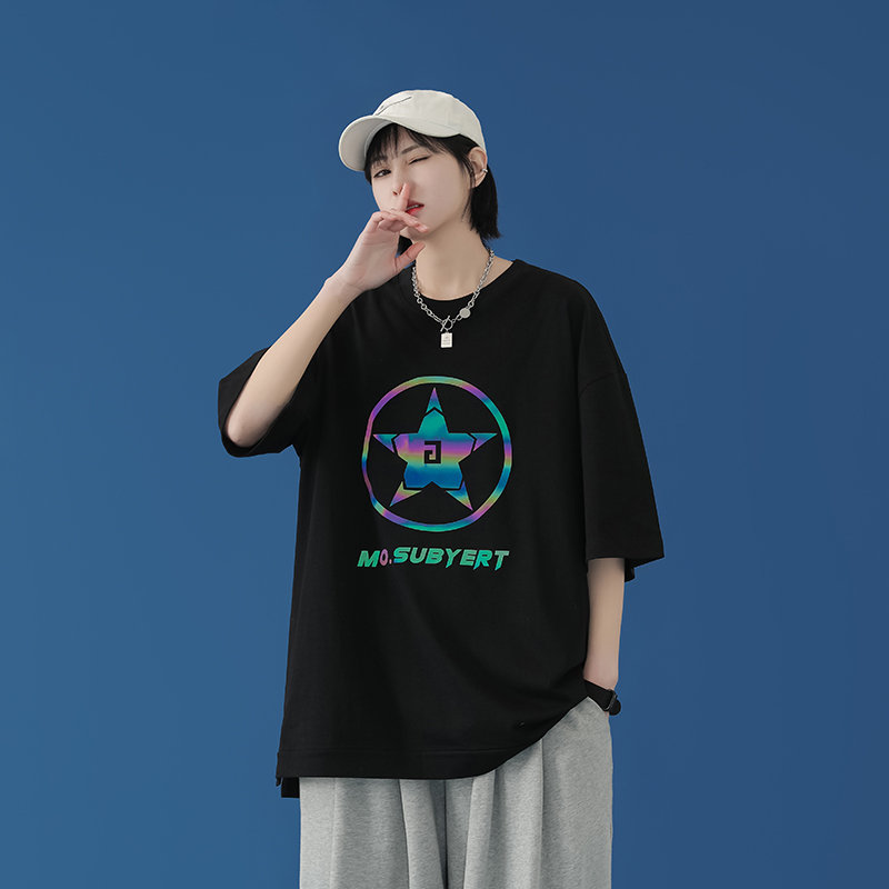 Áo thun nam nữ ngắn tay form rộng in phản quang ngôi sao năm cánh, chất thun cotton xịn mềm mát mặc mùa hè