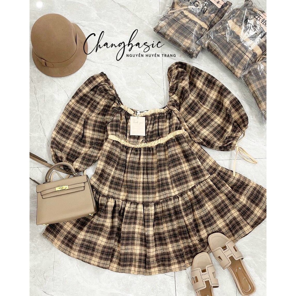 Đầm Xòe Tay Dài Dễ Thương Họa Tiết Karo Sang Trọng 2 Màu Cổ Vuông Phối Bèo lụa Cực Xinh Thời Trang Dạo Phố - Winchois | BigBuy360 - bigbuy360.vn