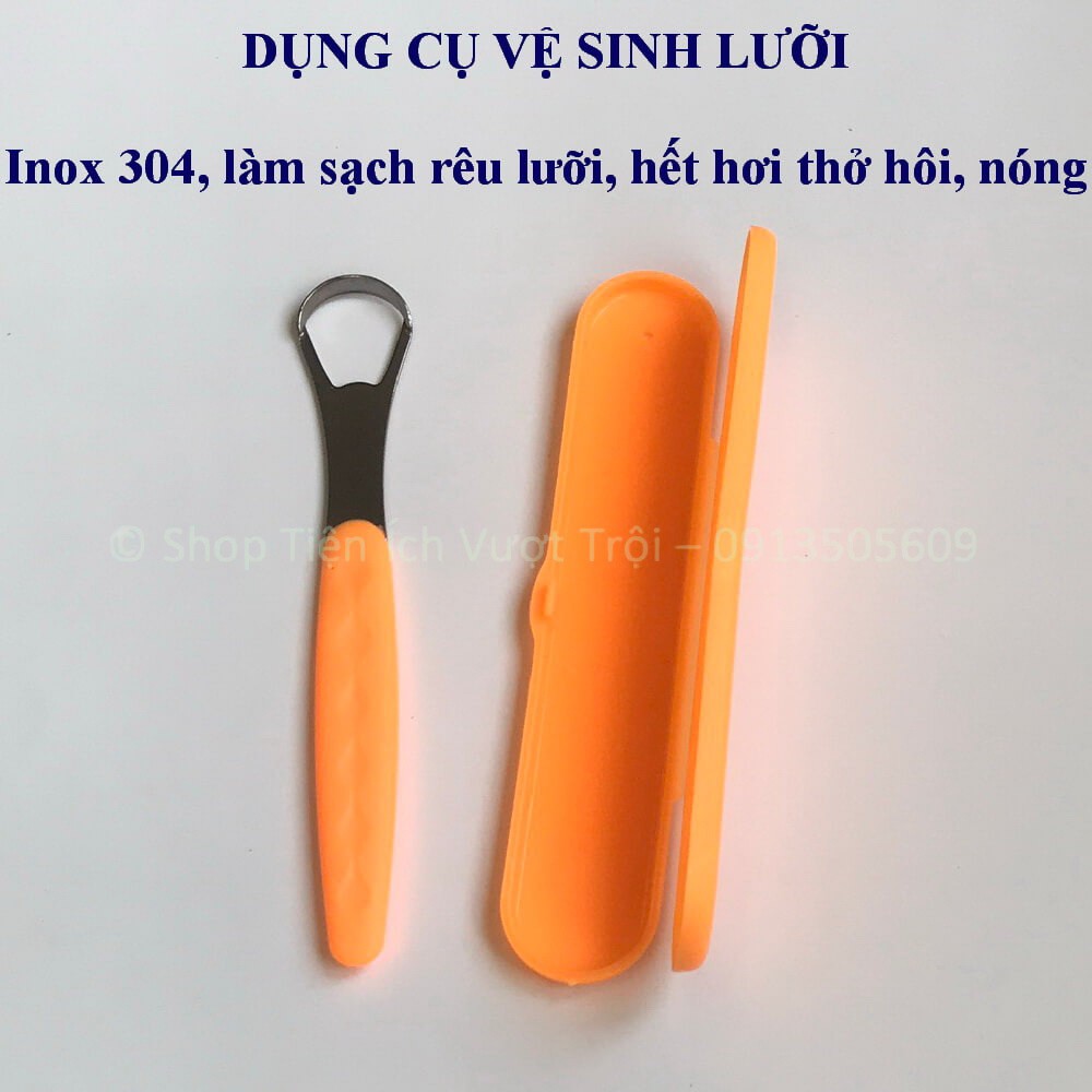 Bộ nạo lưỡi cả hộp, cây rơ lưỡi bằng Inox 304 tay cầm chống trượt nhiều màu, làm sạch rêu, bột lưỡi-Tiện Ích Vượt Trội