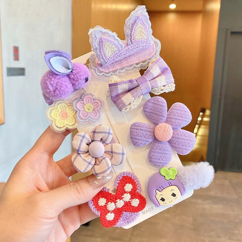 Set 9 kẹp tóc đan len/ vải và nhựa nhiều mẫu dễ thương cho bé gái