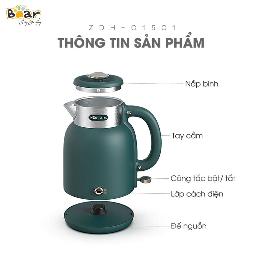 Ấm Siêu Tốc Mini Bằng Điện (1.5L) BEAR_ ZDH-C15C1 , Bình Đun Nấu Nước Sôi Đa Năng_.Bảo hành 18 Tháng