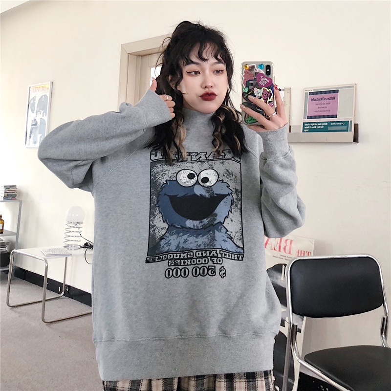 Áo nỉ tay dài cổ cao dáng rộng in họa tiết hoạt hình phong cách Hàn Quốc thời trang | BigBuy360 - bigbuy360.vn