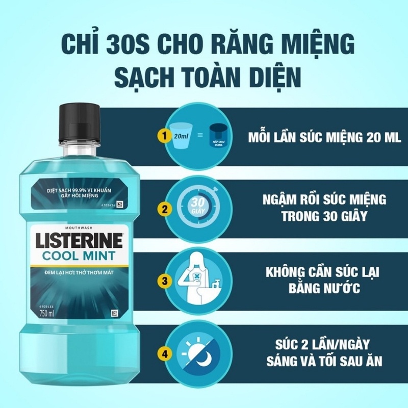 Nước Súc Miệng Bạc Hà Trắng Răng Listerine 750ML Ngừa Sâu Răng Kháng Sát Khuẩn Làm Sạch Mảng Bám Chống Hôi Miệng