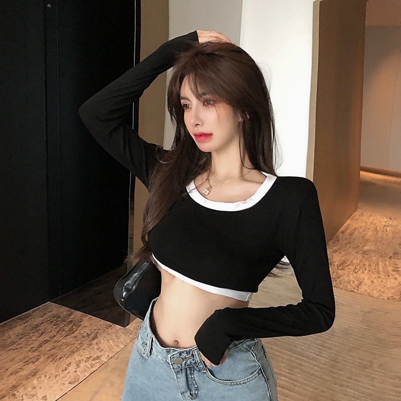 Áo thun dài tay croptop viền kẻ đen/ trắng, áo mặc thu đông <55kg