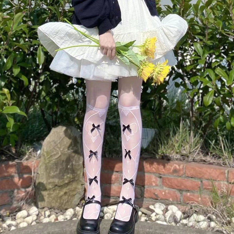 Tất Đùi Dài Qua Gối Đính Nơ Giả Hình Xăm 3D Phong Cách Gothic Lolita Cho Nữ