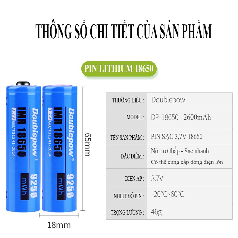 [Chính hãng] Pin 18650 Doublepow 9250mWh dung lượng cao (có cả đầu lồi và đầu bằng)