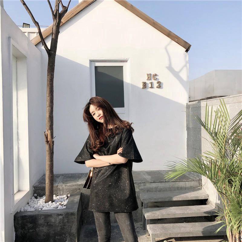 Áo Thun Màu Lấp Lánh Dáng Dài Tay Ngắn Cho Nữ