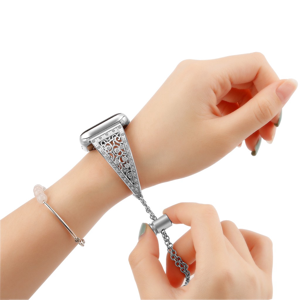 Dây đeo làm từ kim loại thép không gỉ đính đá cho Apple watch 7 41mm 45mm 38mm 40mm 42mm 44mm seri 7 6 se 5 4 3 2 1