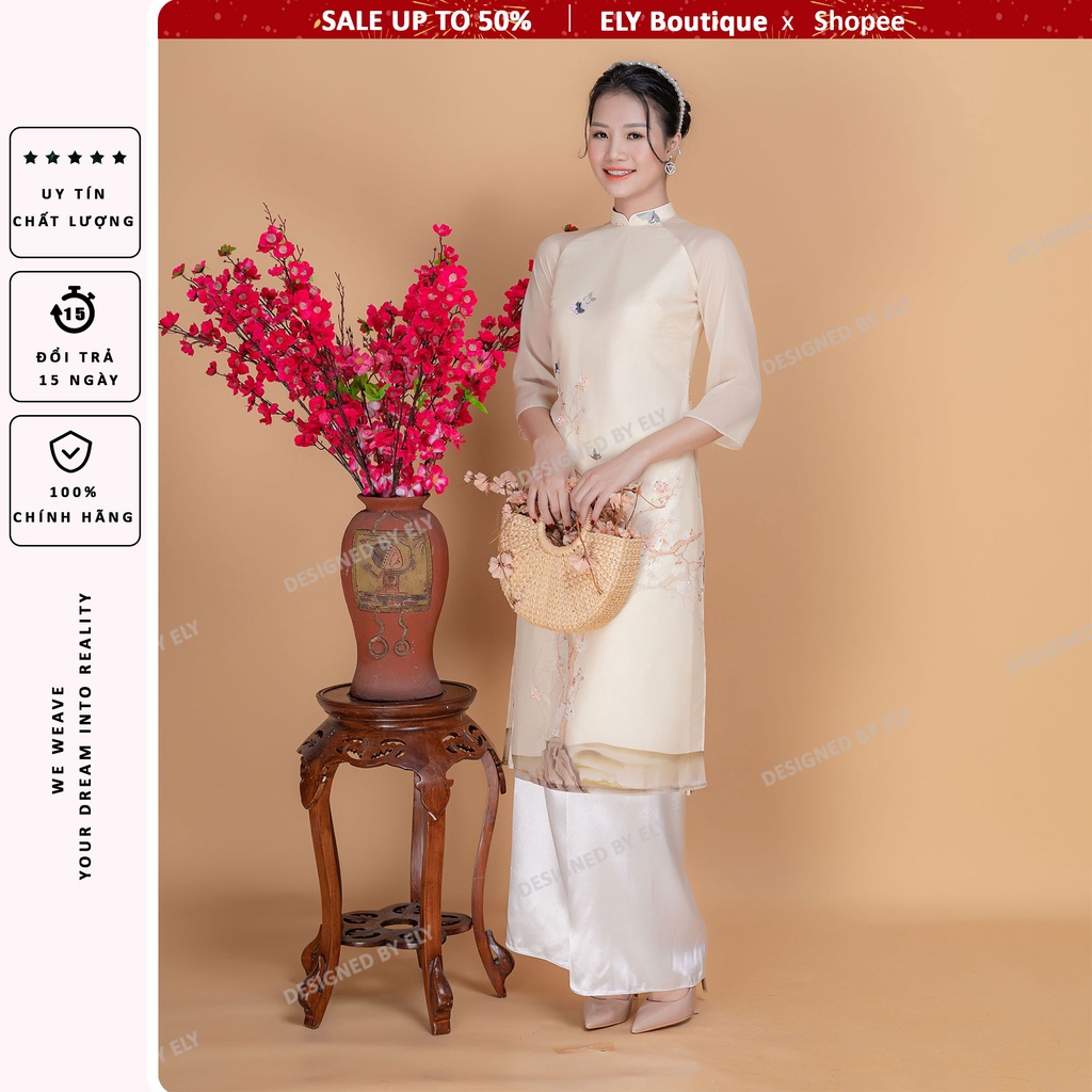 Áo dài cách tân nữ thiết kế 4 tà ELY vải voan tơ in thêu họa tiết nổi ELV06