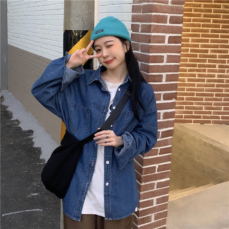 Áo sơ mi denim tay dài đơn giản thời trang dành cho nữ