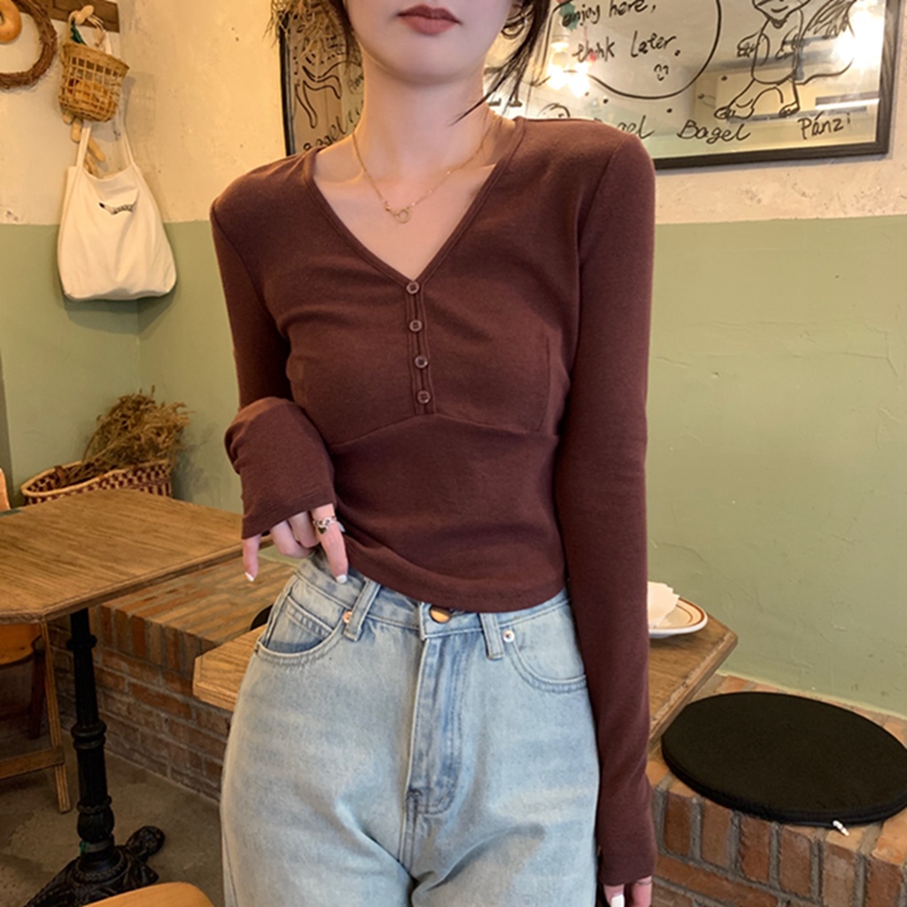 Áo thun Peppermint 56795 tay dài cổ chữ V dáng ôm thời trang thu đông phong cách Hàn Quốc