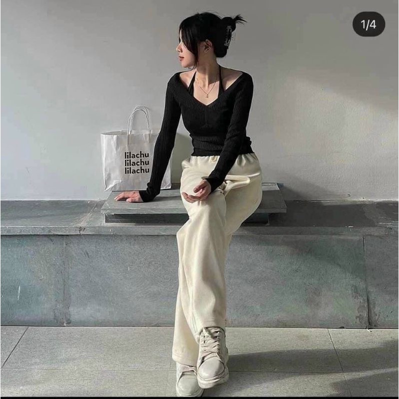 Áo len đen viền ren cổ vintage kèm quần ống suông ullzang