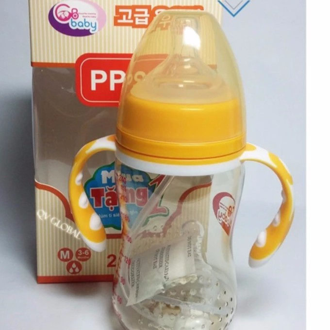 Bình sữa nhựa PPSU cao cấp cổ rộng GB BABY kèm tay cầm và van chống sặc 180ml - Hàn Quốc