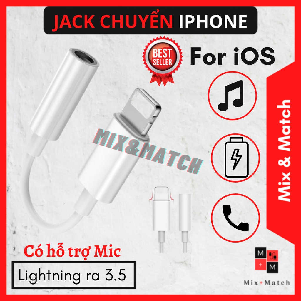 [Mã ELMSM3 giảm 20K đơn bất kì] Jack chuyển tai nghe iphone từ Lightning sang Jack 3.5 có hỗ trợ Mic - Bảo hành 1 đổi 1