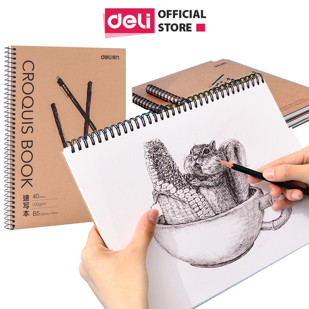 Sổ tay vẽ chì phác thảo sketchbook Deli 40 trang 100gsm khổ ngang A4/B5 gáy lò xo dùng cho mỹ thuật phác họa