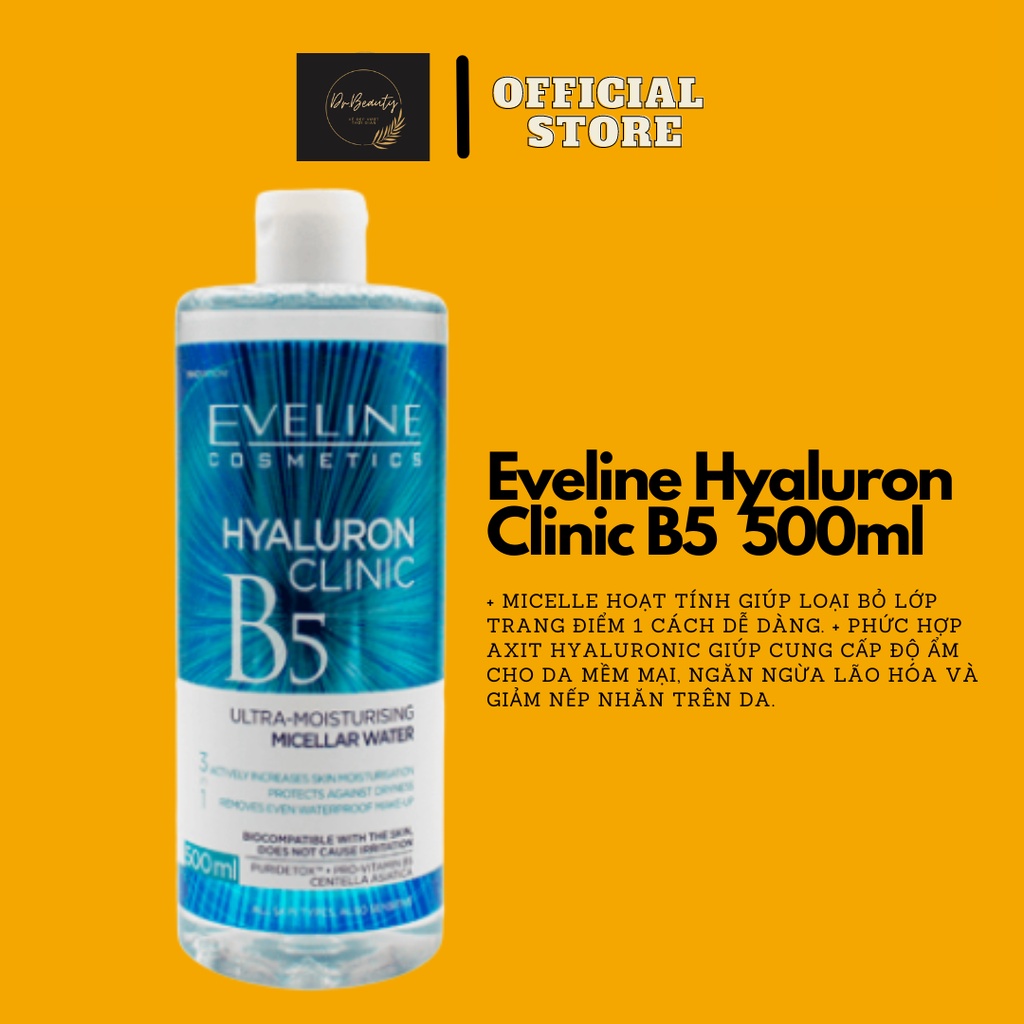 Nước tẩy trang Eveline Hyaluron Clinic B5 và tinh chất rau má làm dịu, dưỡng ẩm và phục hồi da 500ML