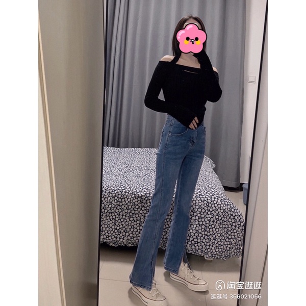 Quần jeans nữ ống loe xuông đứng cạp cao, quần bò xẻ gấu co dãn hàng cao cấp | BigBuy360 - bigbuy360.vn