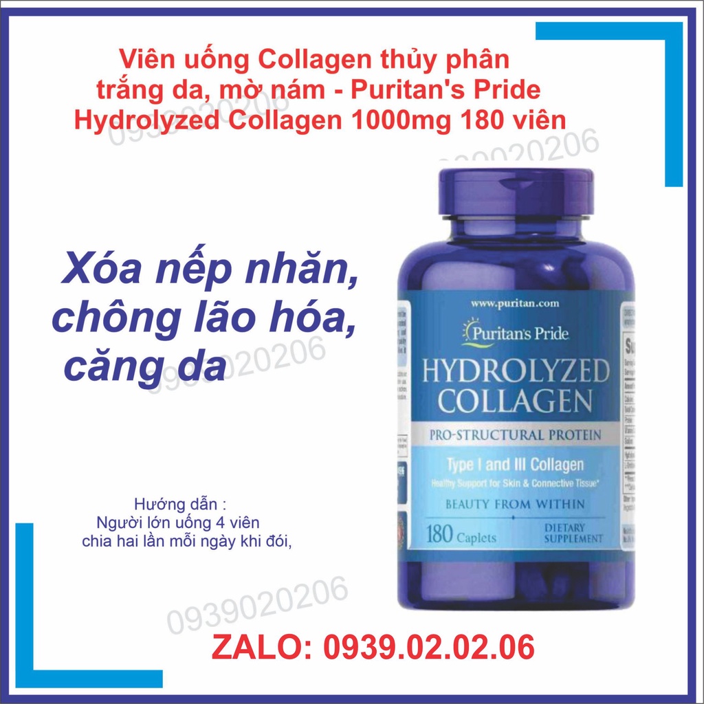 Collagen thủy phân giúp trắng da căng mịn, mờ nám Hydrolyzed Collagen Puritan's Pride 180 viên