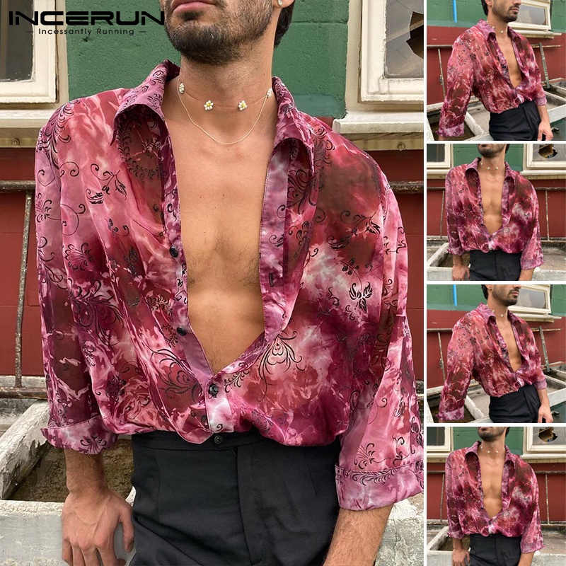 INCERUN Áo Lưới Tay Dài In Họa Tiết Có Nút Gài Thời Trang Đi Biển Cho Nam