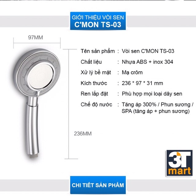 Đầu sen tắm tăng áp bóng đẹp X1 - 3 chế độ phun (phun nước mạnh - nhẹ) - loại tốt tráng bạc