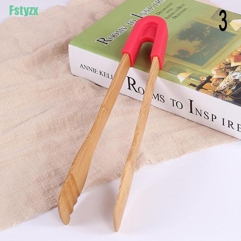 fstyzx Bamboo cooking kitchen tongs BBQ wooden clip salad bread cake bacon steak tools