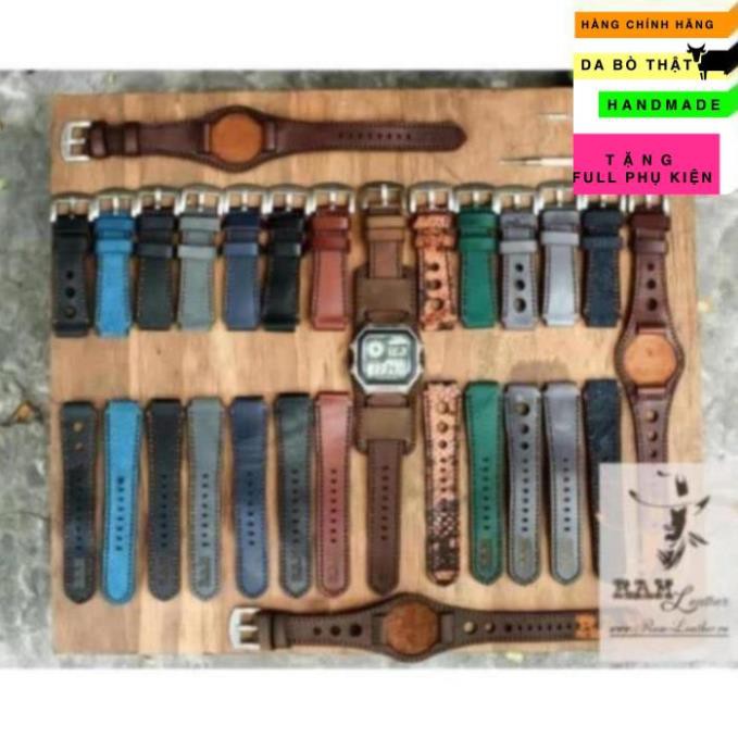 DÂY  CASIO AE1200 / SEIKO5 / ORIENT SK DA BÒ RẰN RI QUÂN ĐỘI HANDMADE (TẶNG ĐẦY ĐỦ KHÓA + CHỐT + CÂY THAY DÂY)