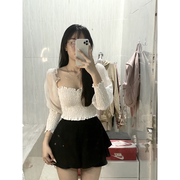 ÁO CROPTOP NHÚN TAY LƯỚI