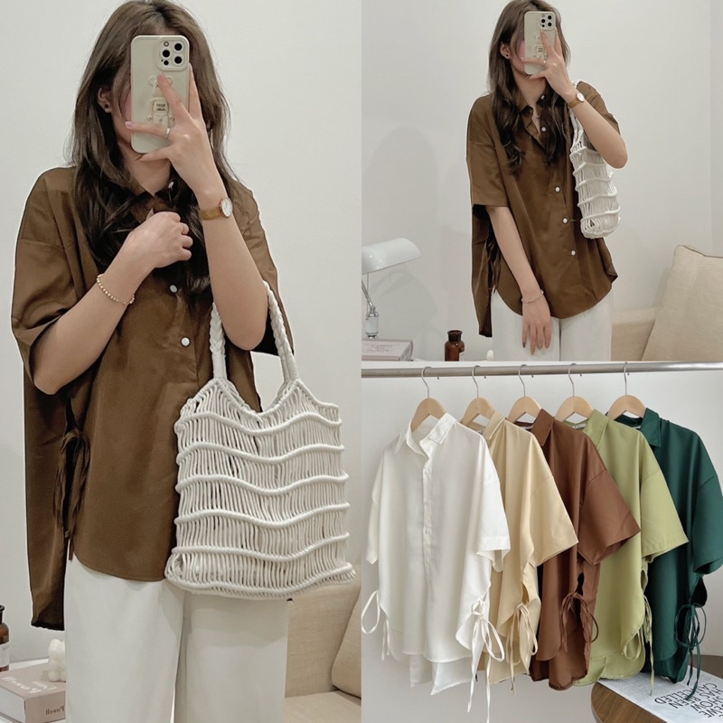 [Ảnh thật/Video]Áo sơ mi lụa hai vạt thiết kế buộc nơ hông xinh xắn