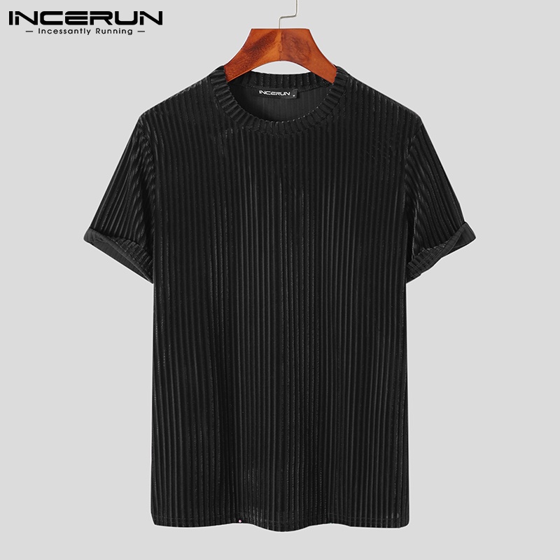 Áo thun INCERUN cổ tròn tay ngắn vải nhung dáng rộng thời trang thường ngày cho nam