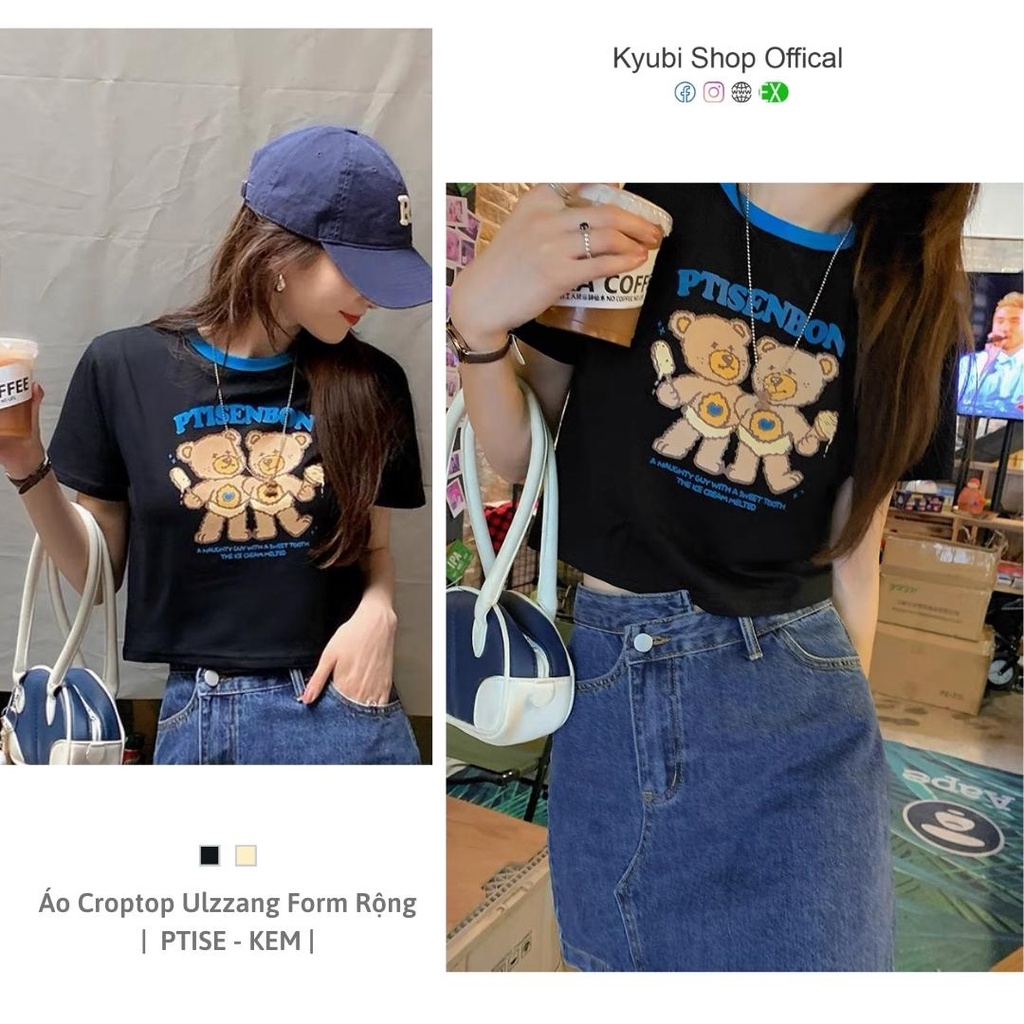 Áo thun croptop PTISE phong cách ulzzang form rộng - Áo phông croptop chất cotton KYUBI CRT21